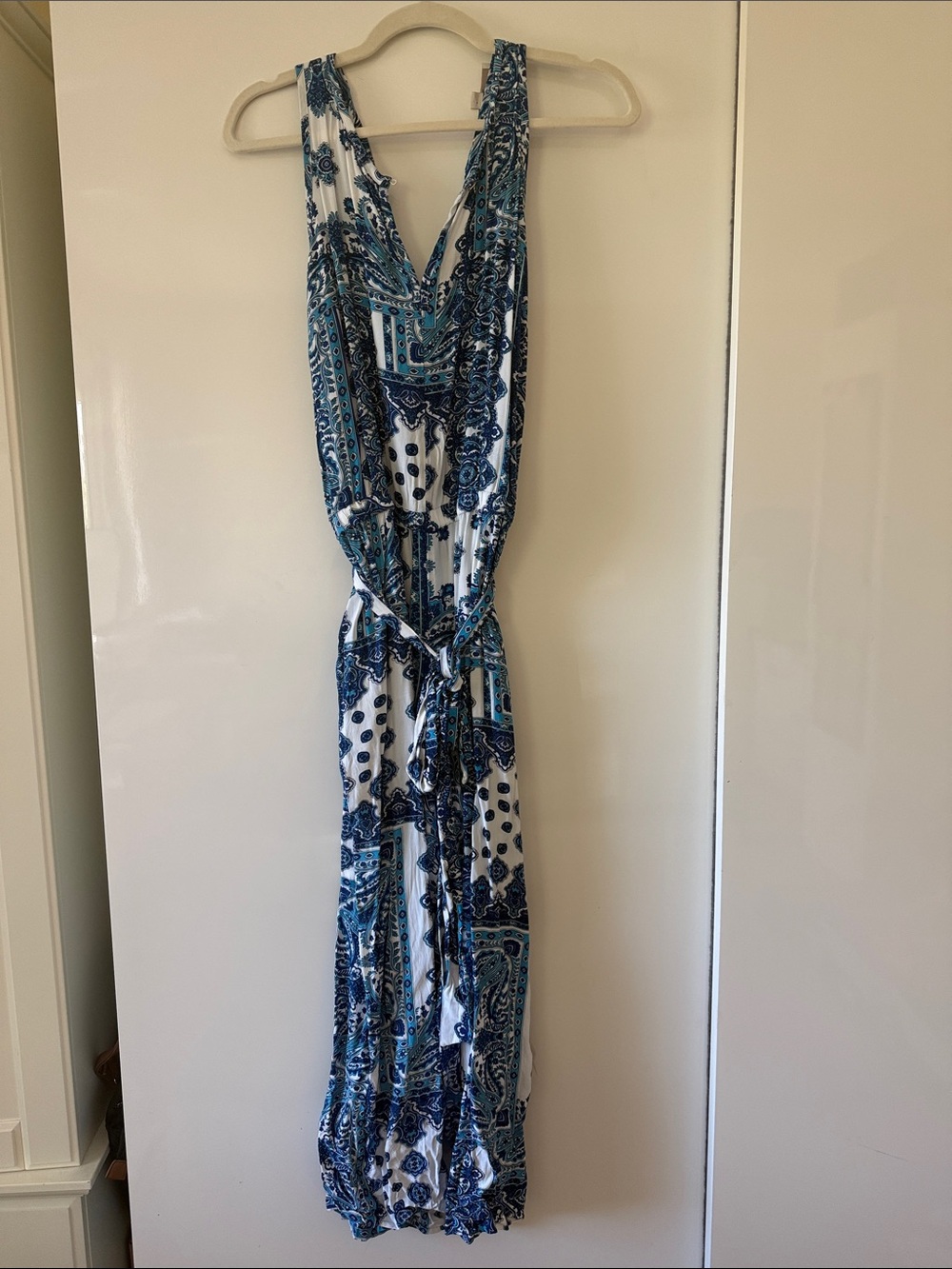 Sleeveless Blue Paisley Jumpsuit